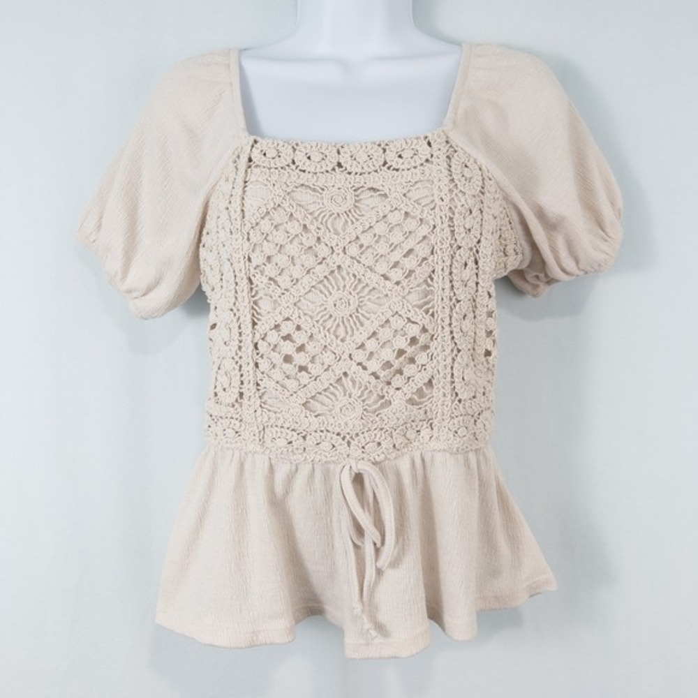 Crochet Square Neck Puff Sleeve Peplum Top Womens XS Beige Cottage Boho Festival